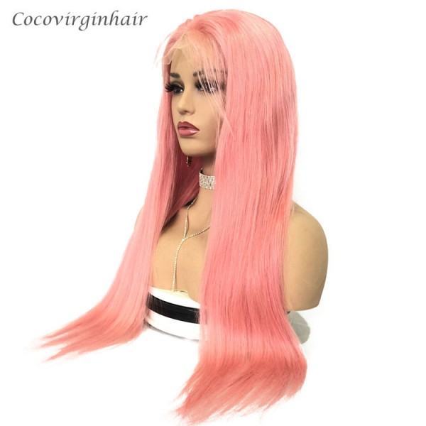 Pink straight wig pre plucked virgin wigs human hair lace front wig for women