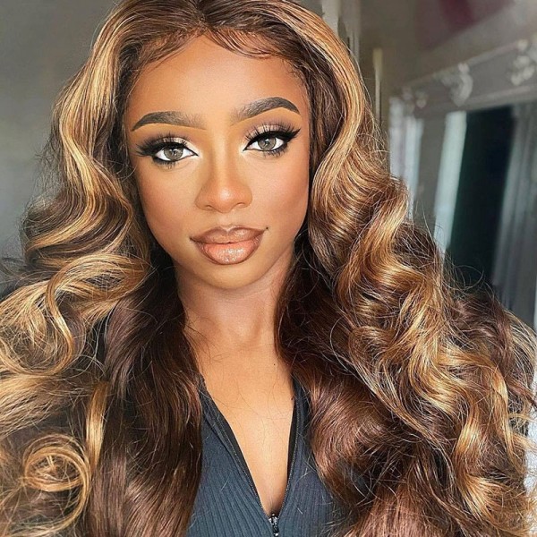Brown Highlight Color Hair Lace Front Wigs 100% Human Hair Wigs-Glueless for Women