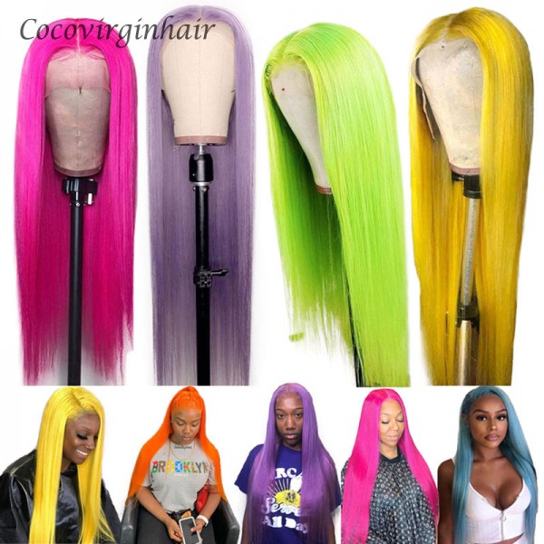 Pre Colored Pink Purple Blue Yellow Grey Lace Front Wigs Human Hair 14inch-30inch