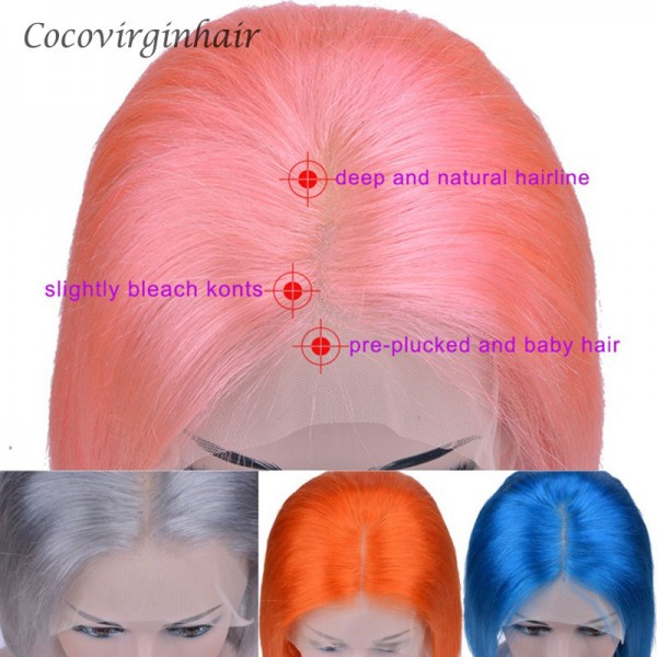 Pre Colored Pink Purple Blue Yellow Grey Lace Front Wigs Human Hair 14inch-30inch