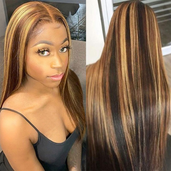 Brown Highlight Color Hair Lace Front Wigs 100% Human Hair Wigs-Glueless for Women