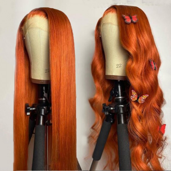 Orange Color Natural Brazilian Human Hair Lace Front Wigs Pre Plucked Virgin Wigs