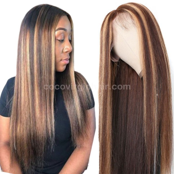 Brown Highlight Color Hair Lace Front Wigs 100% Human Hair Wigs-Glueless for Women